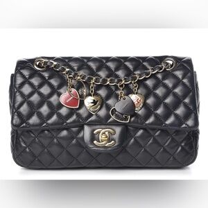 Chanel Black Lambskin Quilted Valentine Charms Medium Single Flap